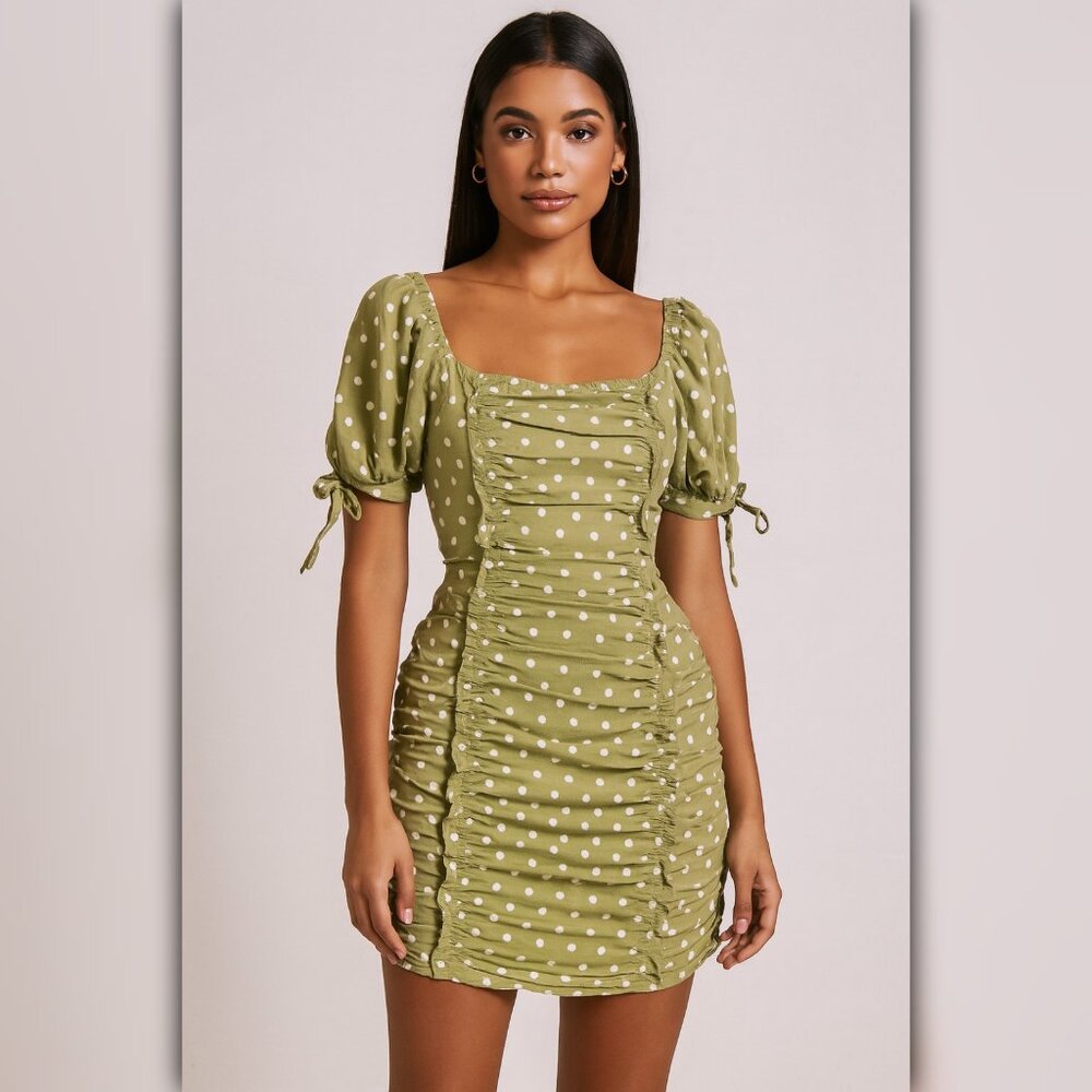 A471 • Olive Polka Dot Ruched Puff Sleeve Mini Dress